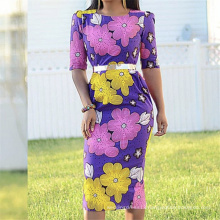 Modest Purple Printed Work Wear African Lady Bodycon Career Dress